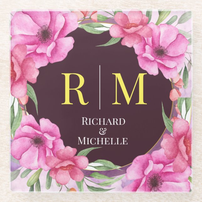 Dessous-de-verre En Verre Lettre initiale florale de couronne Monogramme Nom (Devant)