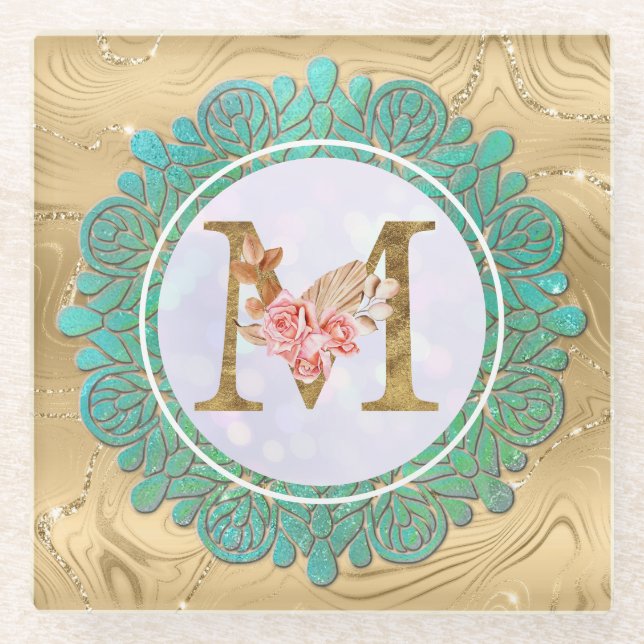 Dessous-de-verre En Verre Lettres Initiales Monogramme Élégant avec Mandala (Devant)