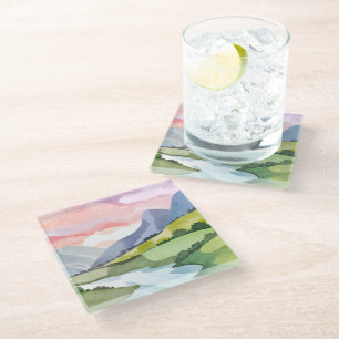 Dessous-de-verre En Verre Levers de soleil sur le versant vert de la montagn