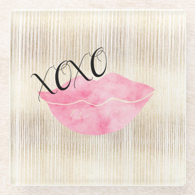 Dessous-de-verre En Verre Lèvres d'aquarelle rose XOXO (Devant)