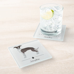 Dessous-de-verre En Verre Lévrier Italien Seal Et Blanc Avec Texte Personnal