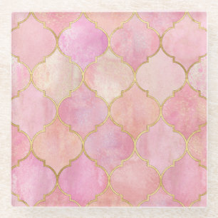 Dessous-de-verre En Verre Ligne d'or marocaine : Aquarelle rose