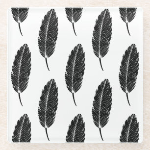 Dessous-de-verre En Verre Linocut en plumes rustiques noir et blanc