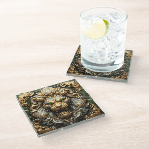 Dessous-de-verre En Verre Lion doré audacieux avec une expression féroce