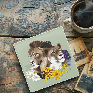 Dessous-de-verre En Verre Lion Lionne Floral Vert