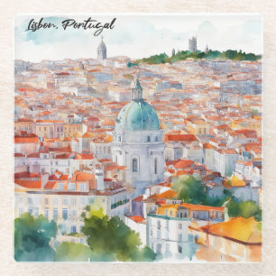 Dessous-de-verre En Verre Lisbonne Portugal Aquarelle Vue panoramique Ville
