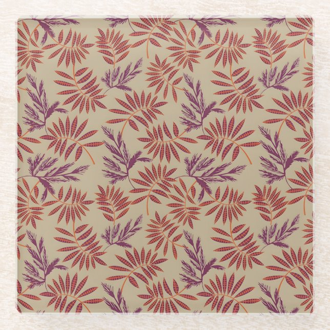 Dessous-de-verre En Verre Lively Red and Purple Leaf Motifs on Neutral Beige (Devant)