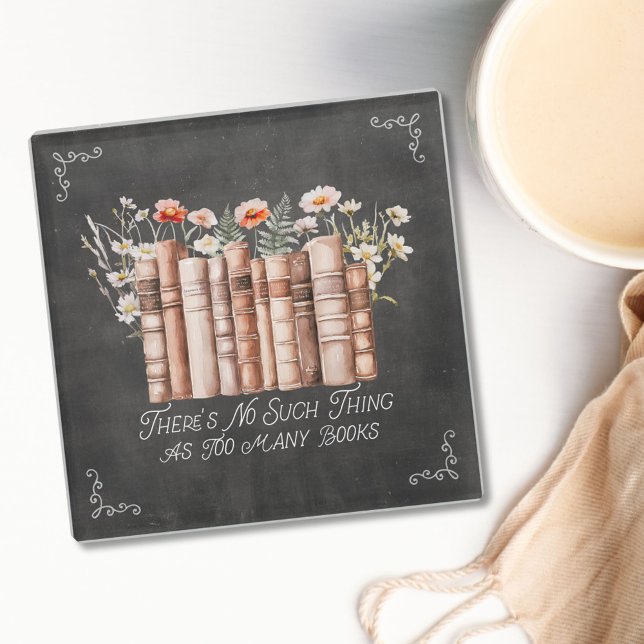 Dessous-de-verre En Verre Livres avec fleurs et citation sur tableau noir (in situ)