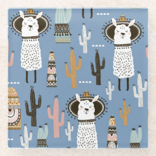 Dessous-de-verre En Verre Llama, Cactus, Motif d'éléments à main.