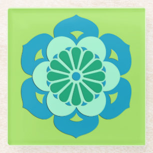 Dessous-de-verre En Verre Lotus Flower Mandala, Lime Green et Light Blue