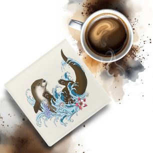 Dessous-de-verre En Verre Loutre de rivière fantaisiste bleue ludique éclabo