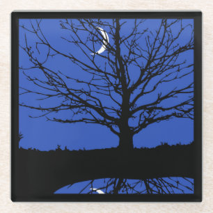 Dessous-de-verre En Verre Lune avec l'arbre, bleu de cobalt, noir et blanc