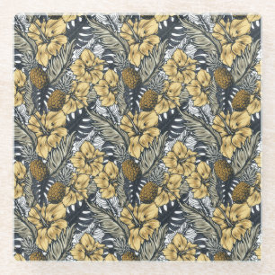 Dessous-de-verre En Verre Luxe Elegant Or N' Black Tropical Flowers