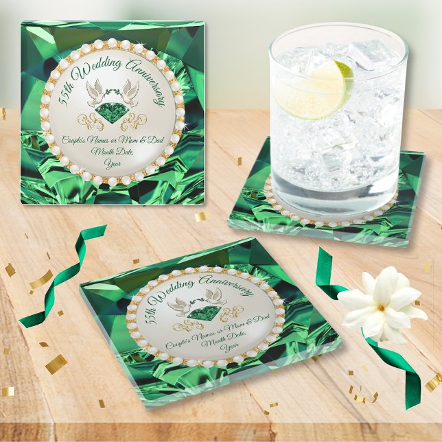 Dessous-de-verre En Verre Magnifique émeraude 55e anniversaire Mariage cadea (Inexpensive, 55 year anniversary gifts. 55th wedding anniversary party ideas. Keepsakes for Guests.)