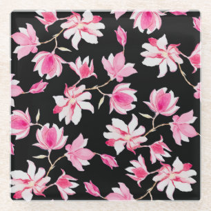 Dessous-de-verre En Verre Magnolia romantique : aquarelle noire