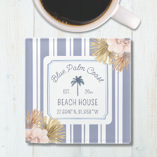 Dessous-de-verre En Verre Maison de plage rayures bleues Côtière Boho Fermet
