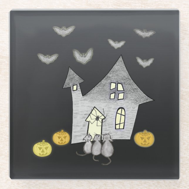 Dessous-de-verre En Verre Maison d'Halloween, Chats noirs, Chats, Chauves-so (Devant)