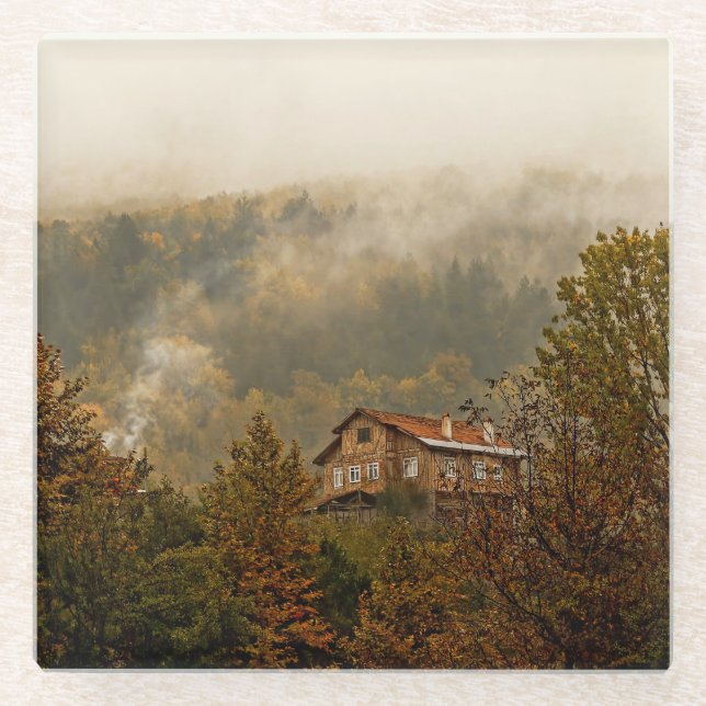Dessous-de-verre En Verre Maison en bois de la forêt : Scène tranquille (Devant)