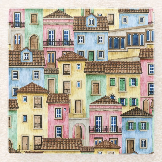 Dessous-de-verre En Verre Maisons de Lisbonne : Aquarelle Motif funiculaire. (Devant)