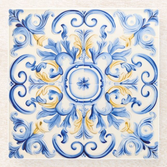 Dessous-de-verre En Verre Majolica : Bleu et or (Devant)
