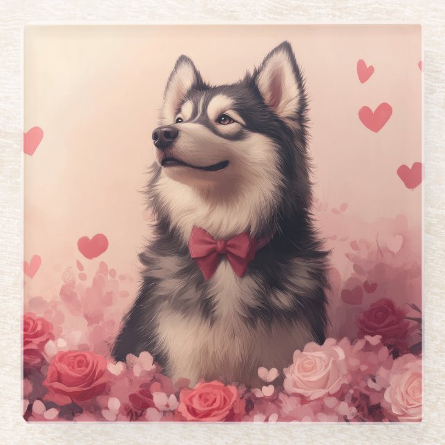Dessous-de-verre En Verre Malamute d'Alaska avec Rose - Saint-Valentin (Devant)