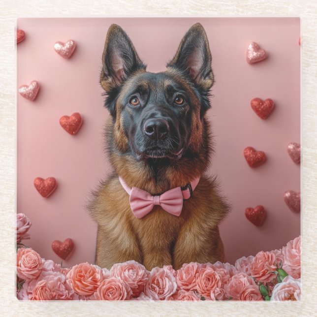 Dessous-de-verre En Verre Malinois belge avec Rose - Saint Valentin (Devant)