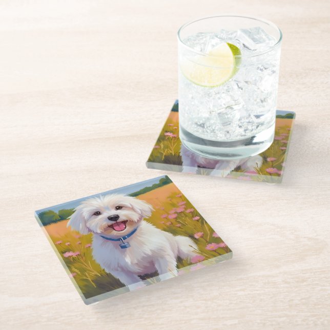 Dessous-de-verre En Verre Maltese Dog Flower Field Painting (Incliné)