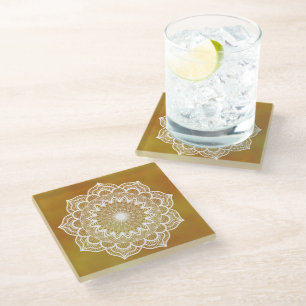 Dessous-de-verre En Verre Mandala blanc sur fond doré