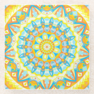 Dessous-de-verre En Verre Mandala d'été jaune orange bohème floral brillant