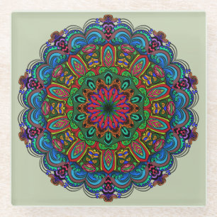 Dessous-de-verre En Verre Mandala floral et motif géométrique vibrant