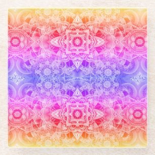 Dessous-de-verre En Verre Mandala kaléidoscopique en bleu, jaune et rose