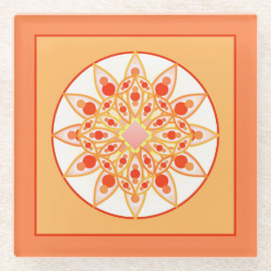 Dessous-de-verre En Verre Mandala Motif en Coral, Orange et Or