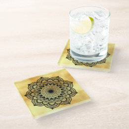 Dessous-de-verre En Verre Mandala noir sur fond or doux