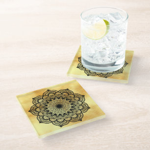 Dessous-de-verre En Verre Mandala noir sur fond or doux