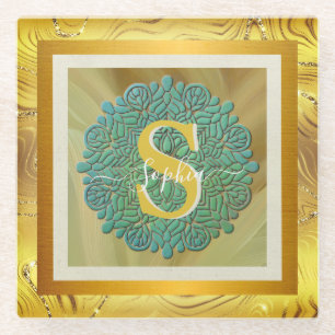 Dessous-de-verre En Verre Mandala personnalisé à monogramme or et bleu
