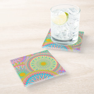 Dessous-de-verre En Verre Mandala superposé rose bleu jaune menthe violet