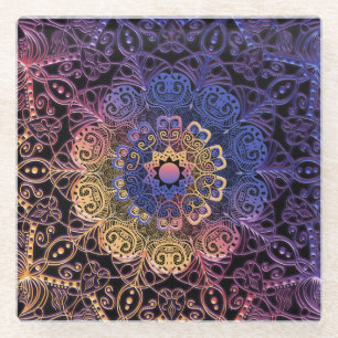 Dessous-de-verre En Verre Mandala violet et jaune : dessin manuel