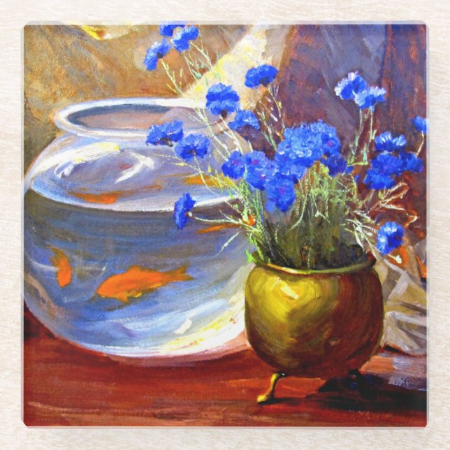 Dessous-de-verre En Verre Mannheim - Aquarium et Fleurs (Devant)