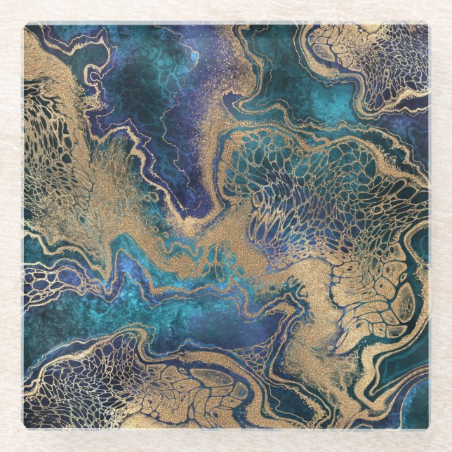 Dessous-de-verre En Verre Marbrage bleu-or : arrière - plan abstrait. (Devant)