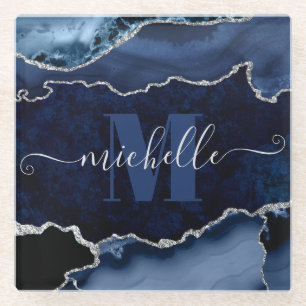 Dessous-de-verre En Verre Marbre Agate Monogramme Bleu Nuit et Paillettes Ar