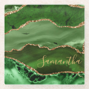 Dessous-de-verre En Verre Marbre Agate Vert et Paillettes d'Or Faux