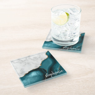 Dessous-de-verre En Verre Marbre blanc de signature d'Agate turquoise Or