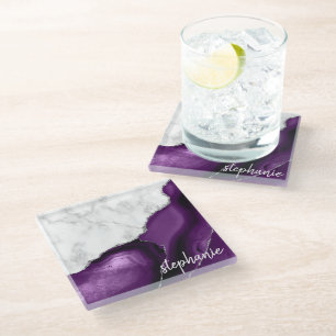Dessous-de-verre En Verre Marbre blanc de signature d'agate violet Argent
