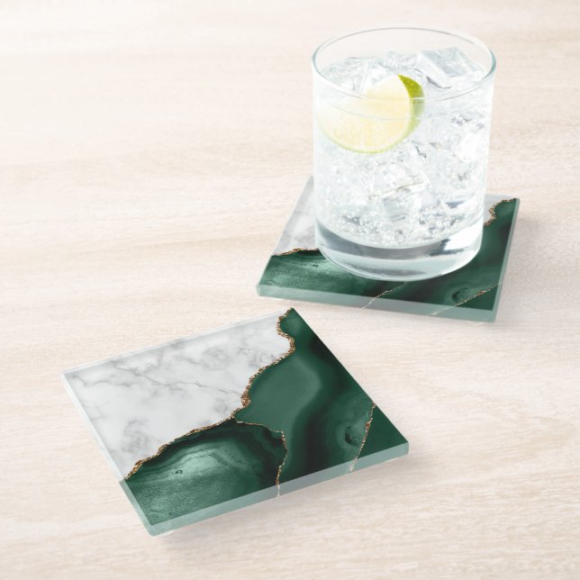 Dessous-de-verre En Verre Marbre Blanc Doré Agate Vert Emeraude (Incliné)