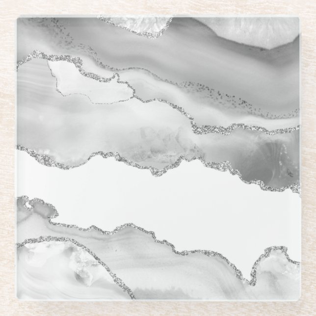 Dessous-de-verre En Verre Marbre blanc gris Agate Parties scintillant argent (Devant)