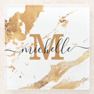 Dessous-de-verre En Verre Marbre blanc moderne Monogramme Nom Script