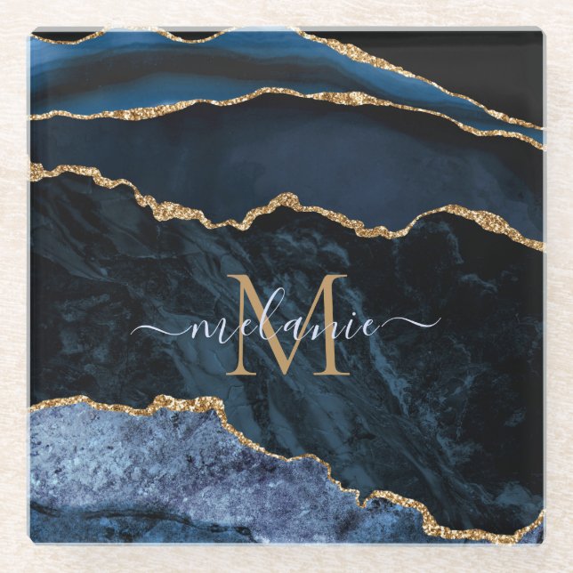 Dessous-de-verre En Verre Marbre bleu marine Monogramme Nom Dessous de verre (Devant)