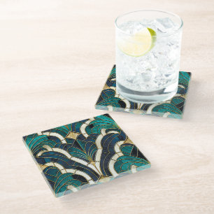 Dessous-de-verre En Verre Marbre de Luxe Mosaïque Art Déco Bleu Or & Sarcell
