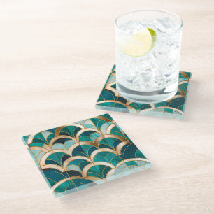 Dessous-de-verre En Verre Marbre de Luxe Mosaïque Art Déco Turquoise Bleu Or