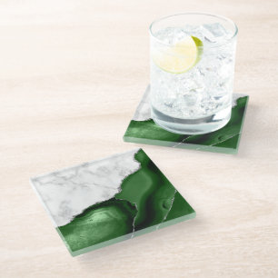 Dessous-de-verre En Verre Marbre Faux Blanc Paillettes Argent Agate Verte